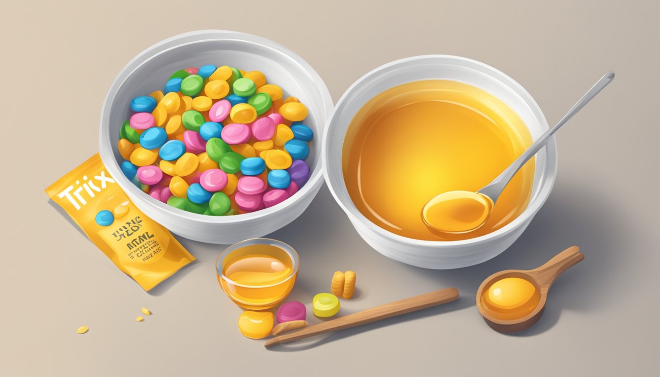 A bowl of honey ohs and a bowl of trix side by side, with a measuring tape and nutrition labels next to each