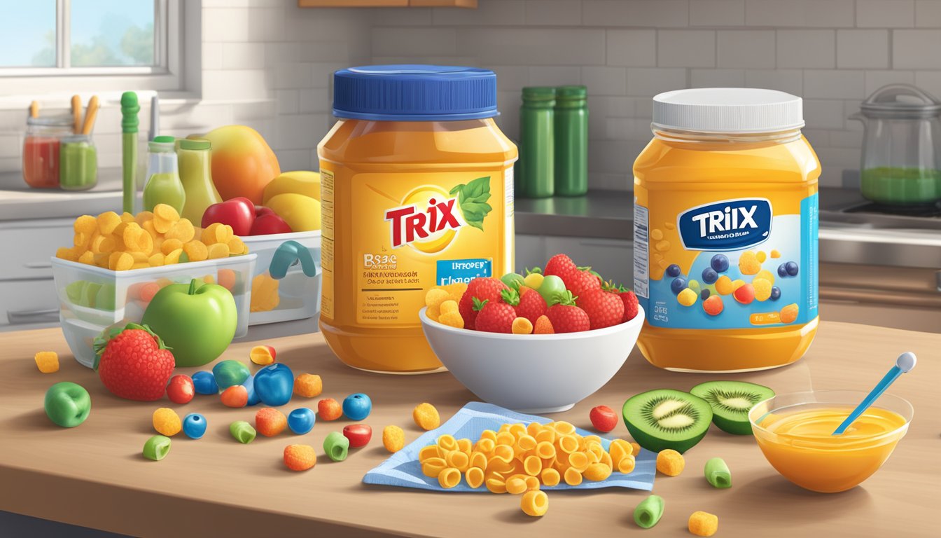 A jar of honey and a box of Trix cereal sit on a kitchen counter, surrounded by fruits and vegetables. A measuring tape and a nutrition label are also present