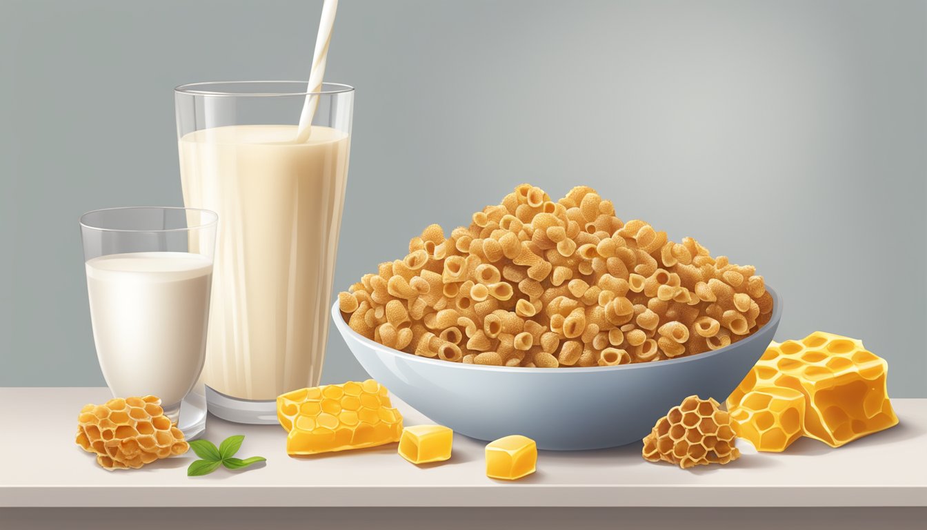 A bowl of honey smacks and honeycomb cereal side by side, surrounded by fresh fruits and a glass of milk