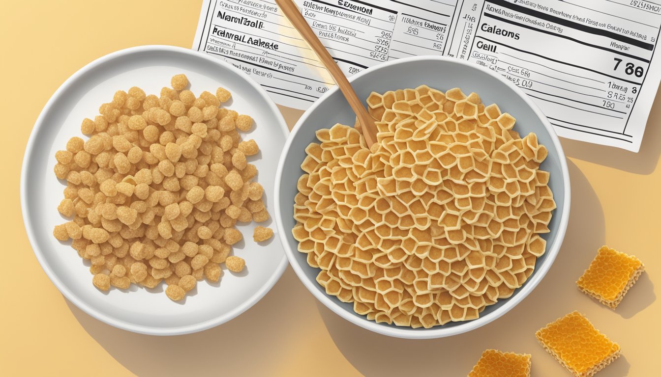 A bowl of Honey Smacks and Honeycomb cereal next to a nutrition label