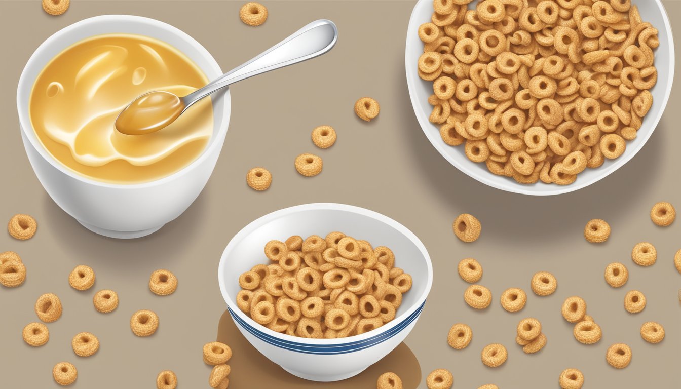 A bowl of Honey Nut Cheerios and Special K side by side, surrounded by fresh milk and a spoon