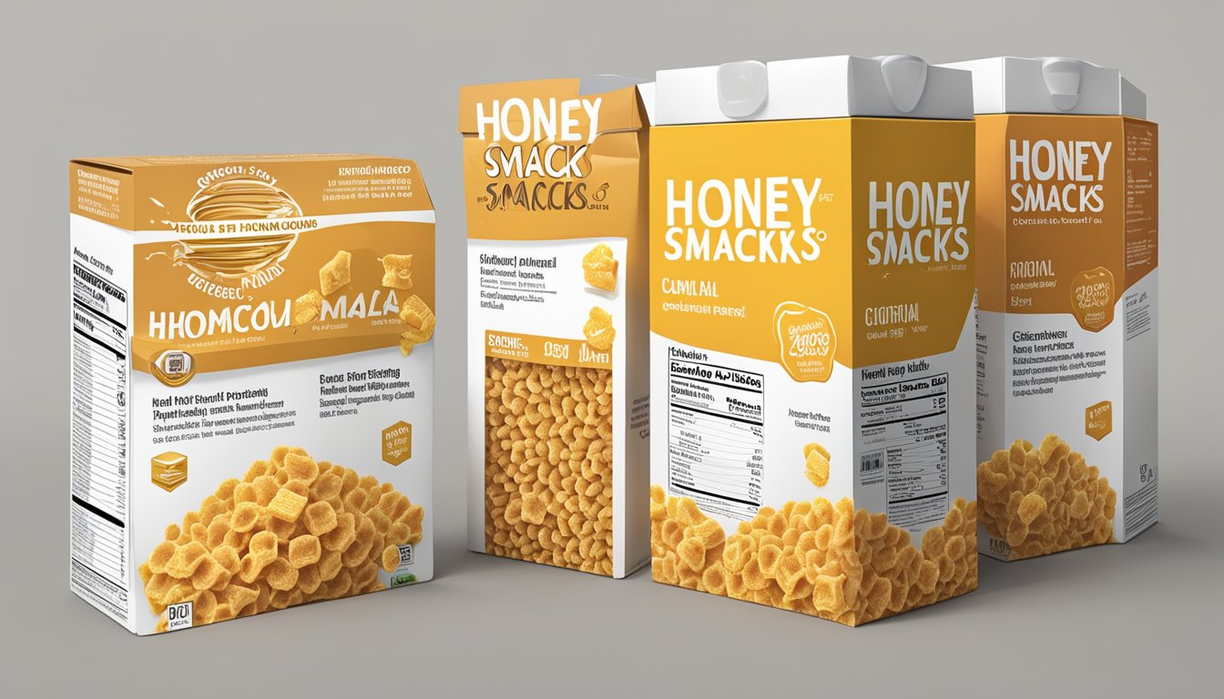 A comparison of honey smacks and honeycomb cereal boxes with nutritional information displayed