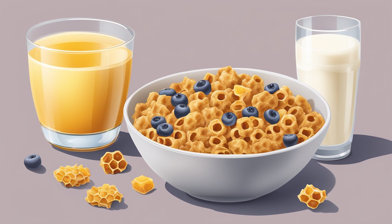 A bowl of honey smacks and honeycomb cereal side by side, surrounded by fresh fruits and a glass of milk