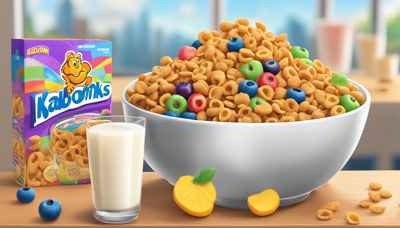 A colorful bowl of Honey Smacks cereal next to a bowl of Kaboom cereal, surrounded by fresh fruit and a glass of milk