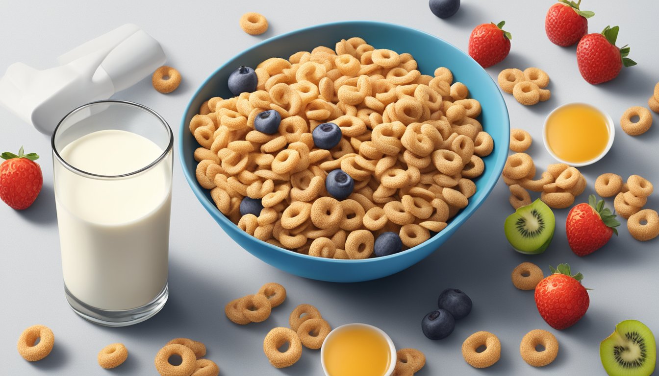 A bowl of Honey Nut Cheerios and a bowl of Special K surrounded by fresh fruits and a glass of milk, with a nutrition label in the background