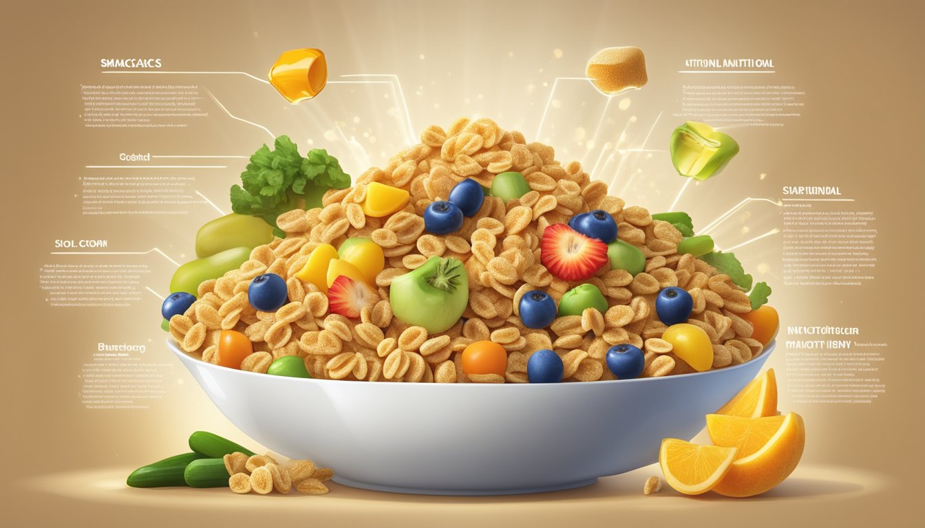 A bowl of honey smacks and kaboom cereal surrounded by various fruits and vegetables, with a spotlight shining on the nutritional information