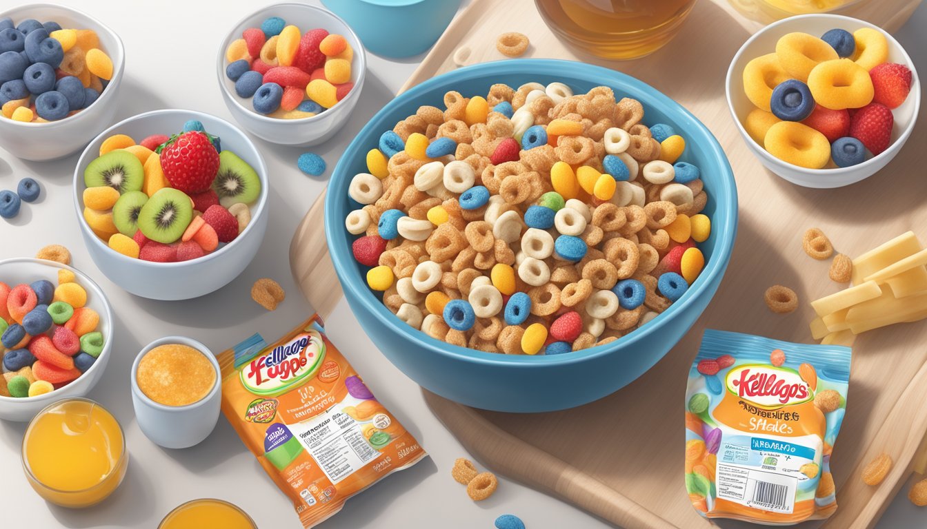 A bowl of Honey Smacks and Kellogg's Froot Loops side by side, surrounded by nutritional labels and fresh fruits for comparison