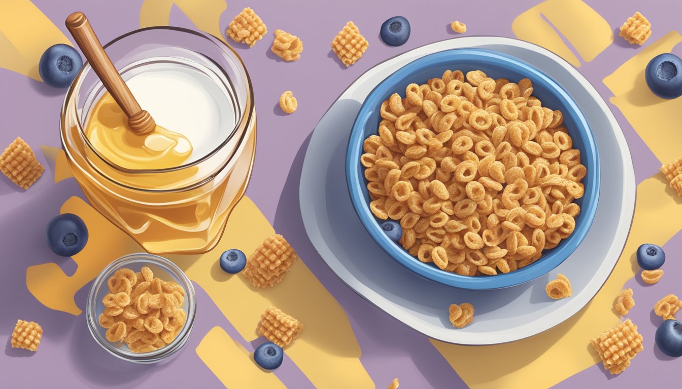 A bowl of Honey Smacks and Kaboom cereal side by side, surrounded by fresh fruit and a glass of milk