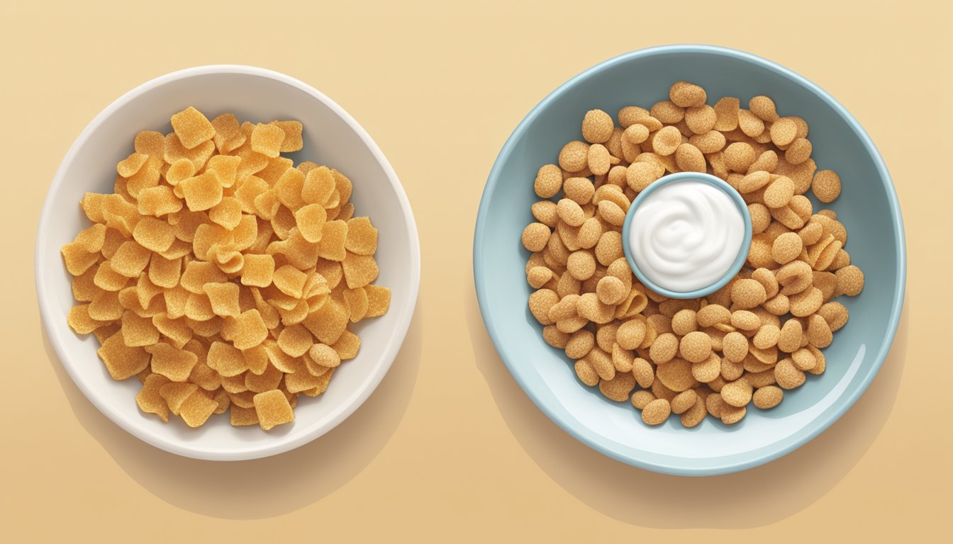 A bowl of honey smacks and kaboom cereal side by side, with a comparison of their texture and taste profile