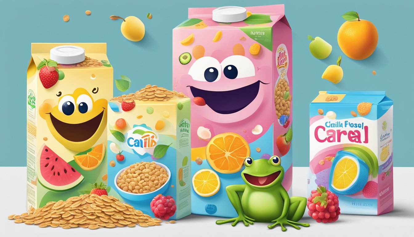 Two cereal boxes side by side, one with a smiling frog and the other with colorful loops, surrounded by a variety of fruits and milk