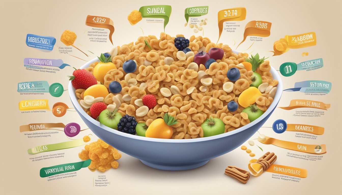 A bowl of honey smacks and kaboom cereal surrounded by nutritional labels and a variety of fruits and vegetables