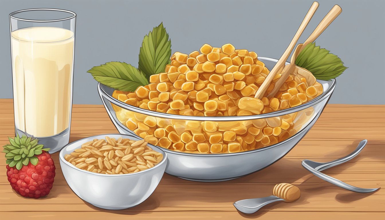 A bowl of Honey Ohs and Honey Smacks side by side, surrounded by various fruits and a glass of milk