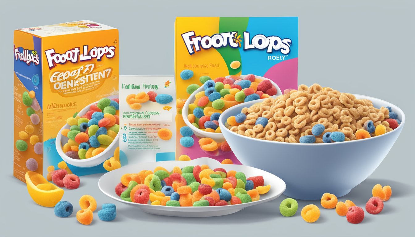 A bowl of honey smacks and a bowl of Kellogg's Froot Loops surrounded by various fruits and nutritional information labels