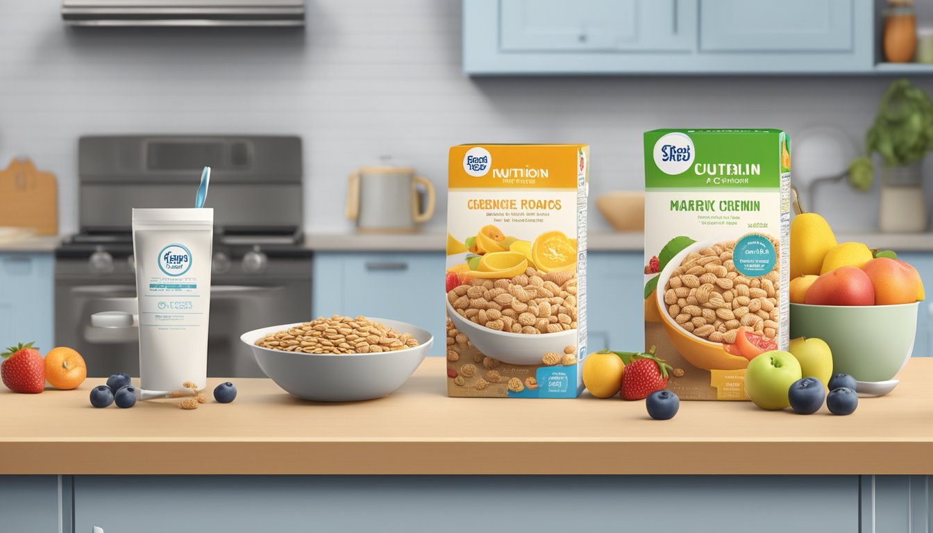 Two cereal boxes side by side on a kitchen table, surrounded by various fruits and a measuring cup. A nutrition label is visible on each box