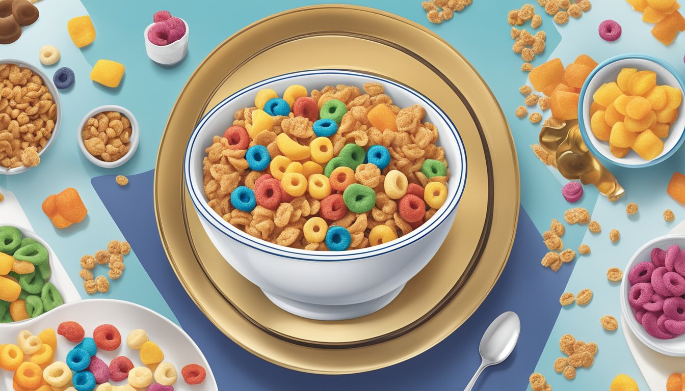 A bowl of Honey Smacks and Froot Loops sit side by side, surrounded by images of the Kellogg's logo and the history of the two cereals