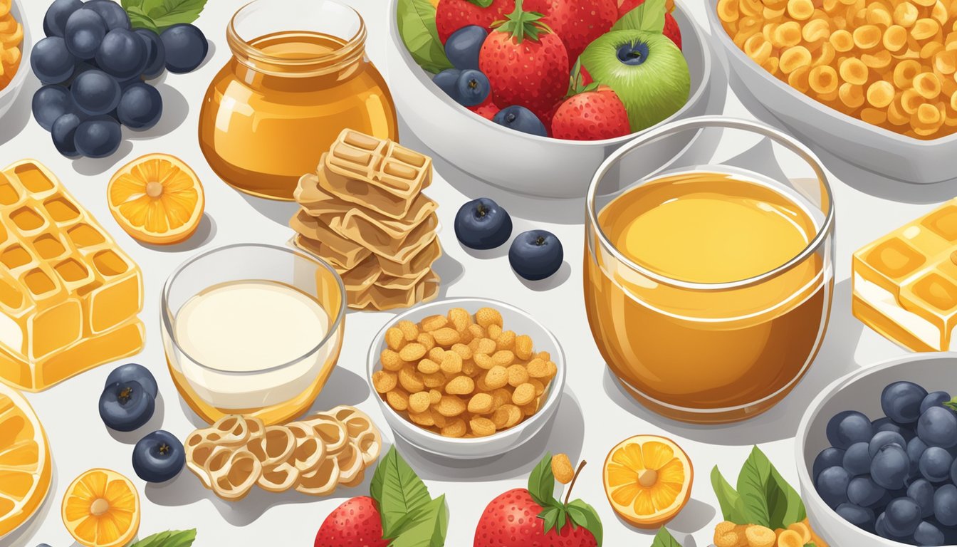 A bowl of honey ohs and honey smacks side by side, surrounded by a variety of fresh fruits and a glass of milk