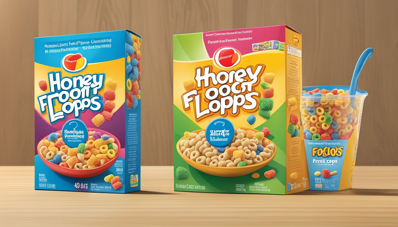 A comparison of Honey Smacks and Kellogg's Froot Loops cereal boxes with nutritional information displayed