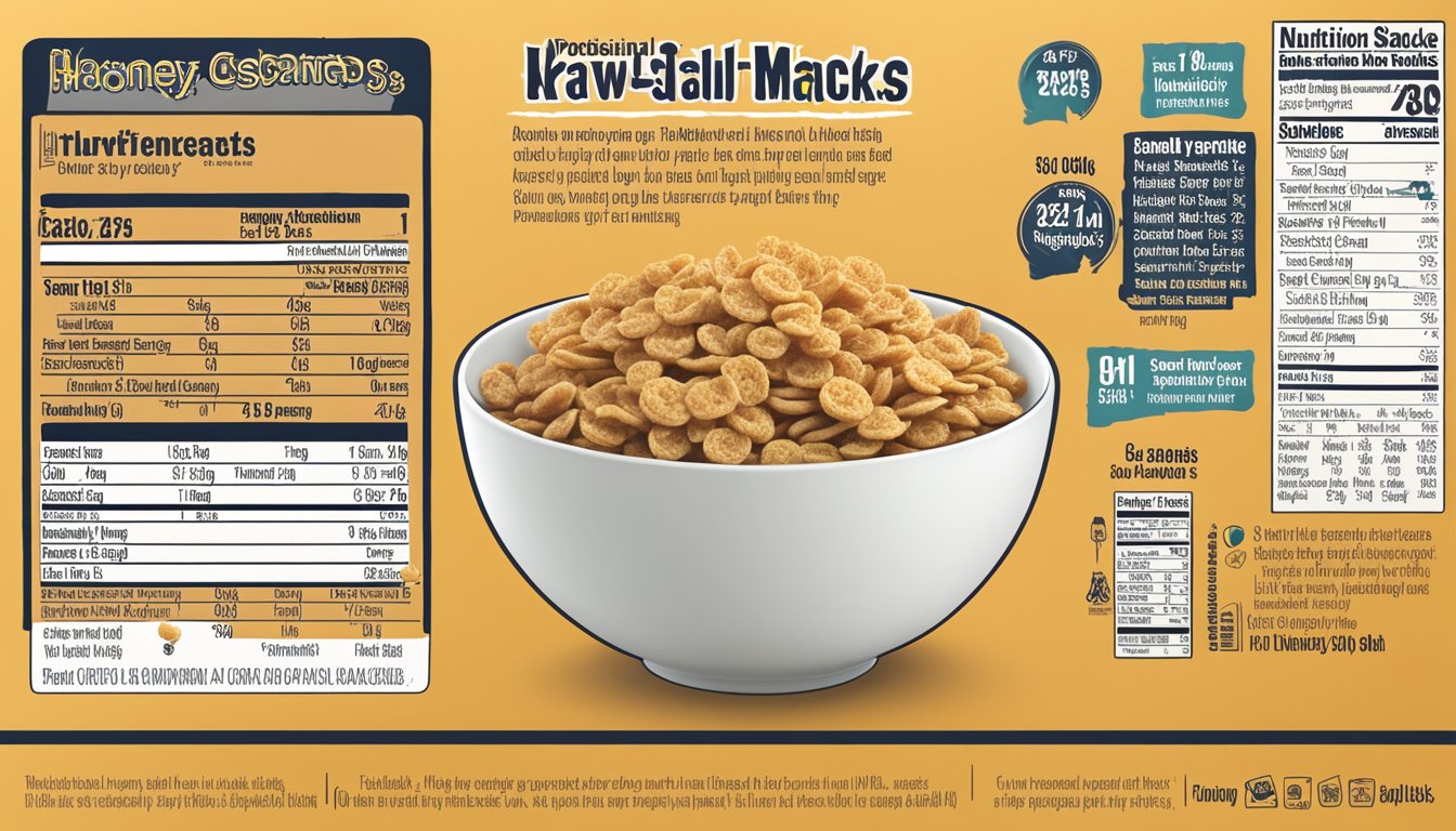 A bowl of Honey Smacks and Krave cereal side by side, with nutritional information displayed next to each box