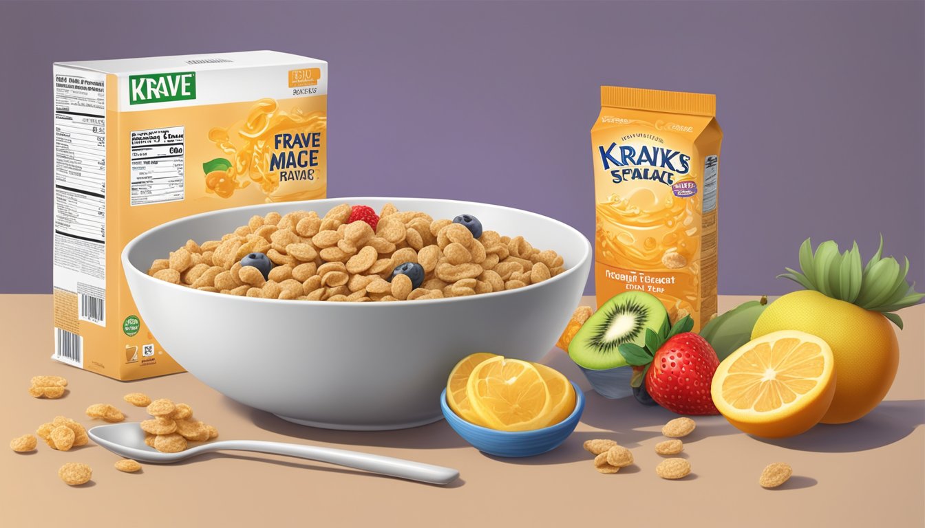 A bowl of honey smacks and krave cereal side by side, surrounded by fresh fruits and a nutrition label