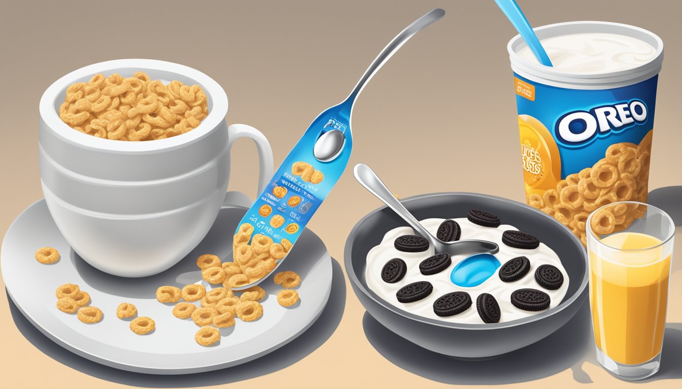 A bowl of honey smacks and Oreo O's cereal side by side, with a glass of milk, a spoon, and a nutrition label