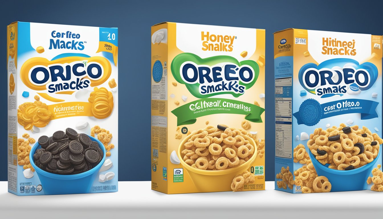 A comparison of honey smacks and Oreo O's cereal boxes with nutritional information displayed