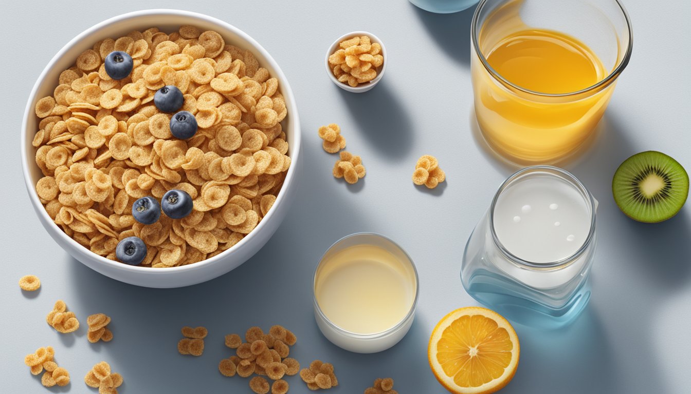 A bowl of honey smacks and krave cereal side by side, surrounded by fresh fruits and a glass of water