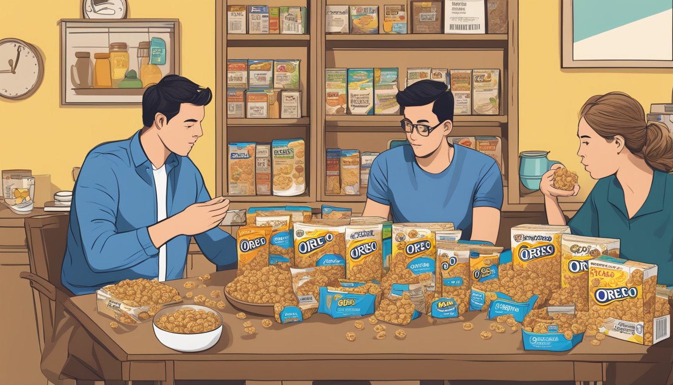 A table with boxes of Honey Smacks and Oreo O's cereal, surrounded by concerned consumers comparing nutrition labels