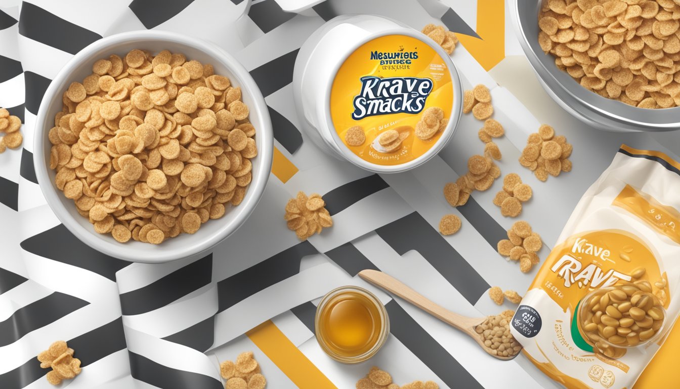 A bowl of honey smacks and krave cereal side by side, surrounded by nutritional labels and a measuring tape