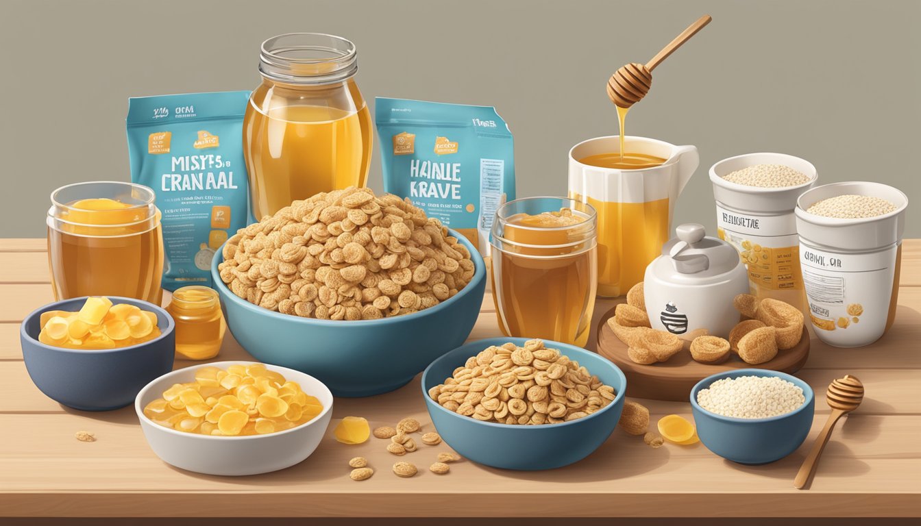 A table with bowls of honey ohs and krave cereal, surrounded by measuring cups and nutrition labels