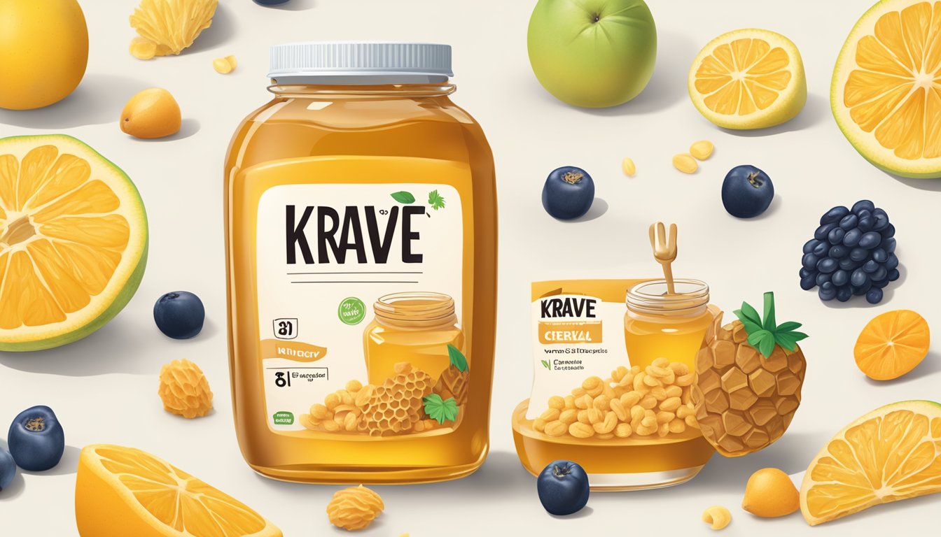 A jar of honey next to a box of Krave cereal, surrounded by various fruits and a nutrition label