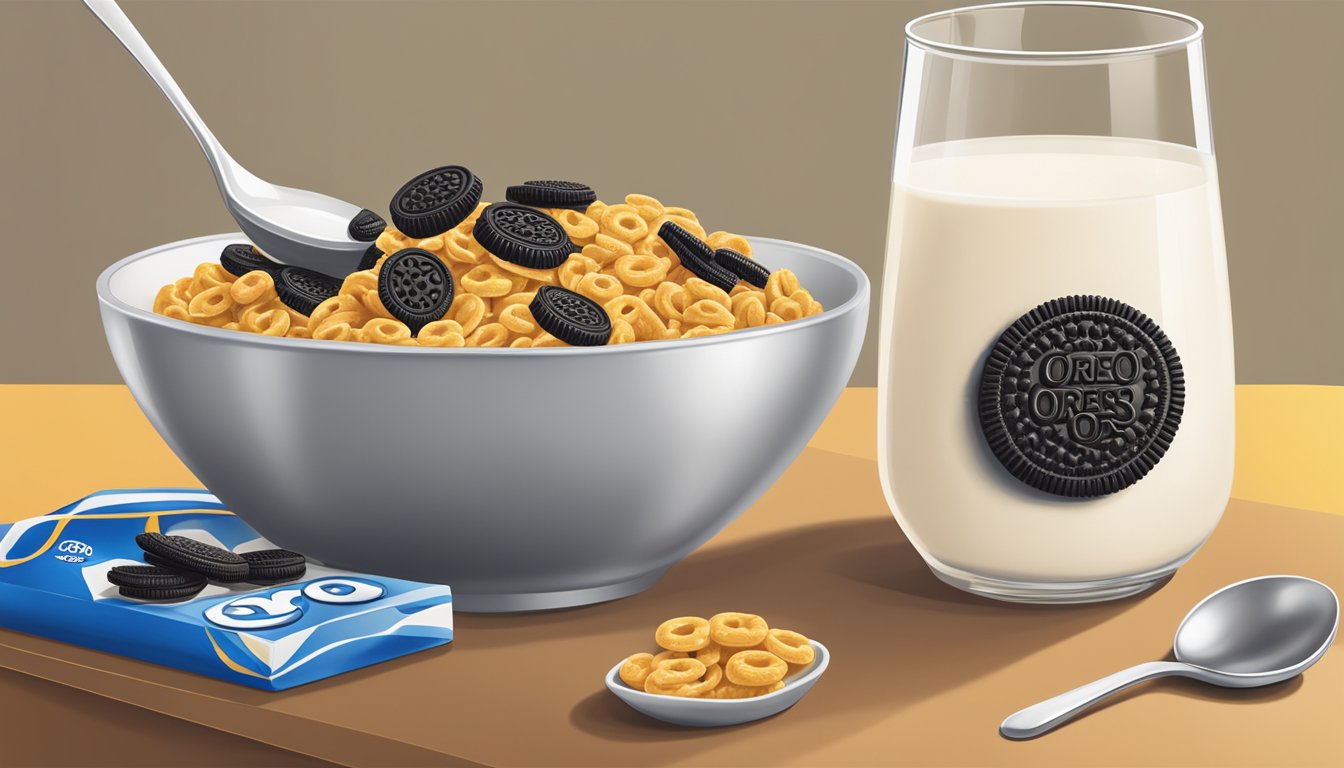 A bowl of honey smacks and Oreo O's cereal sit side by side on a table, surrounded by a glass of milk and a spoon