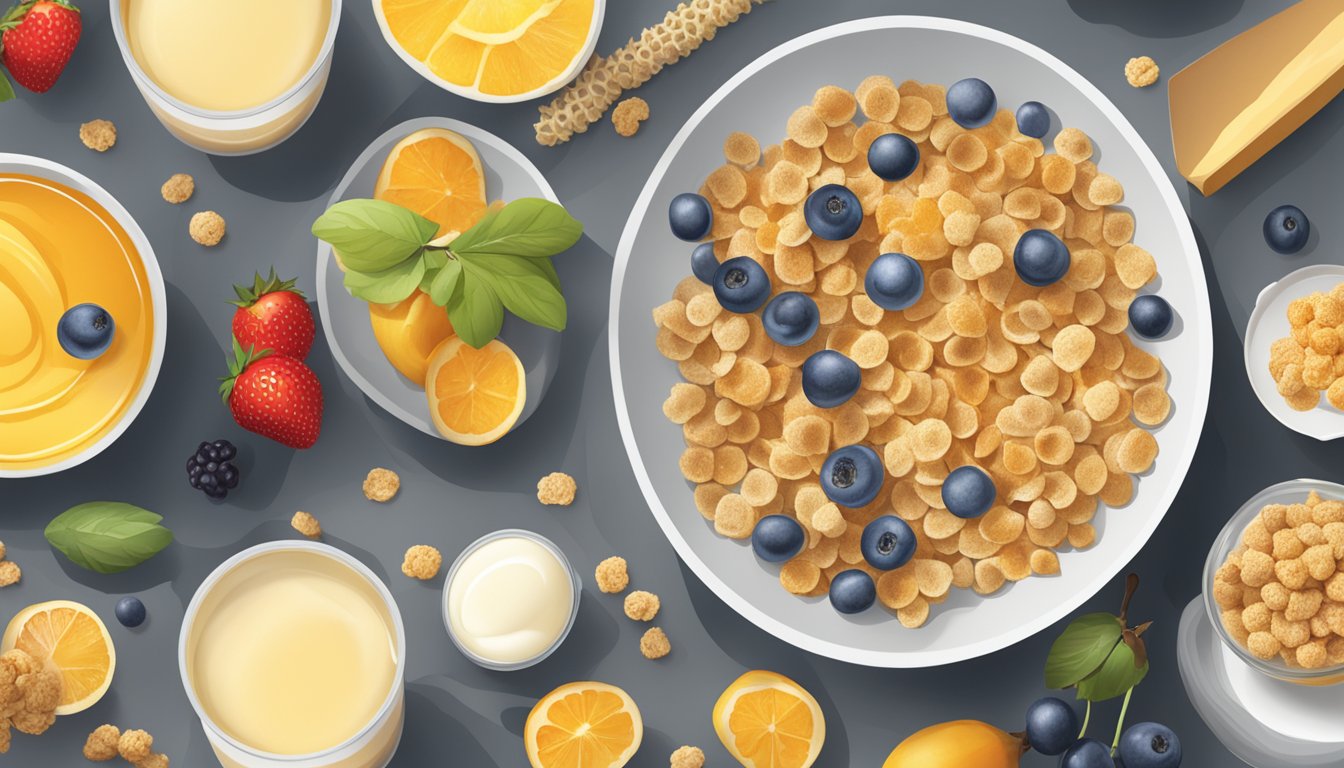 A table with bowls of Honey Ohs and Krave cereal, surrounded by various fruits and a glass of milk