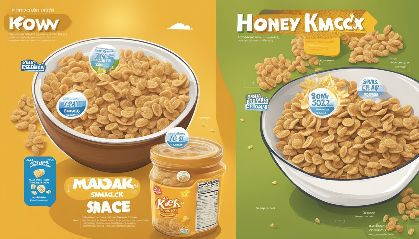 A bowl of Honey Smacks and Special K side by side, with nutritional information displayed next to each cereal