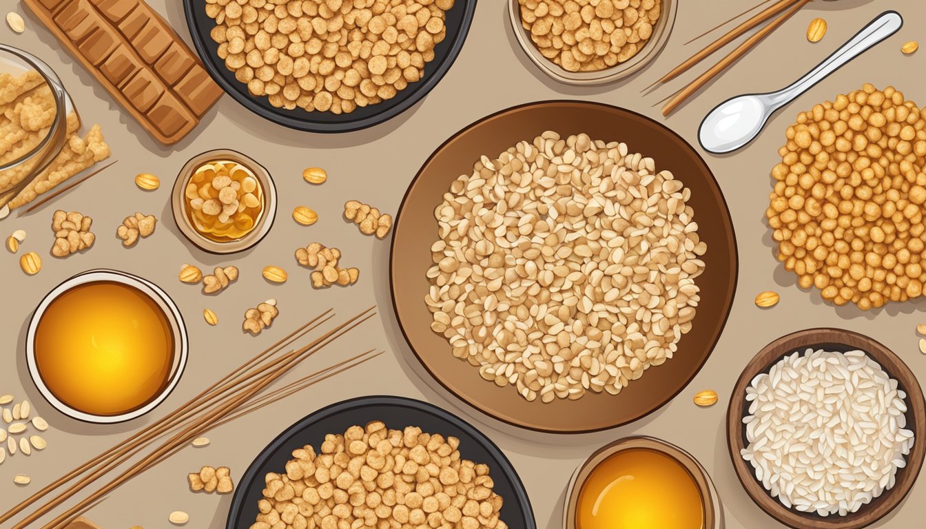 A bowl of honey ohs and a bowl of rice krispies surrounded by whole grains and fiber-rich foods