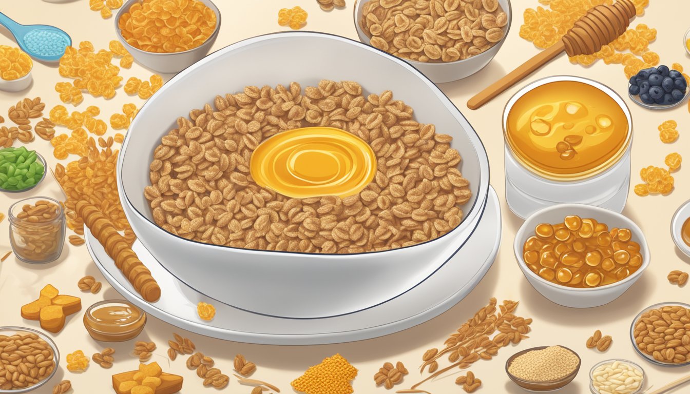 A bowl of Honey Smacks and Special K cereal side by side, surrounded by images of honey, wheat, and allergen symbols