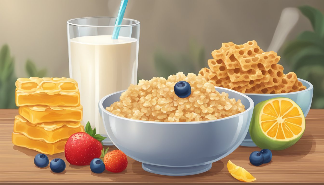 A bowl of Honey Ohs and Rice Krispies with various fruits and a glass of milk beside them on a wooden breakfast table