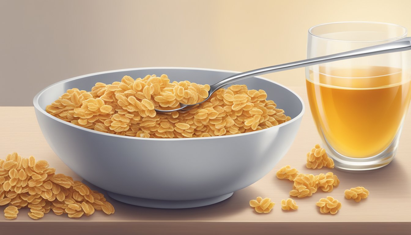 A bowl of Honey Smacks and Special K side by side, with a spoon resting on the edge. A glass of milk sits nearby