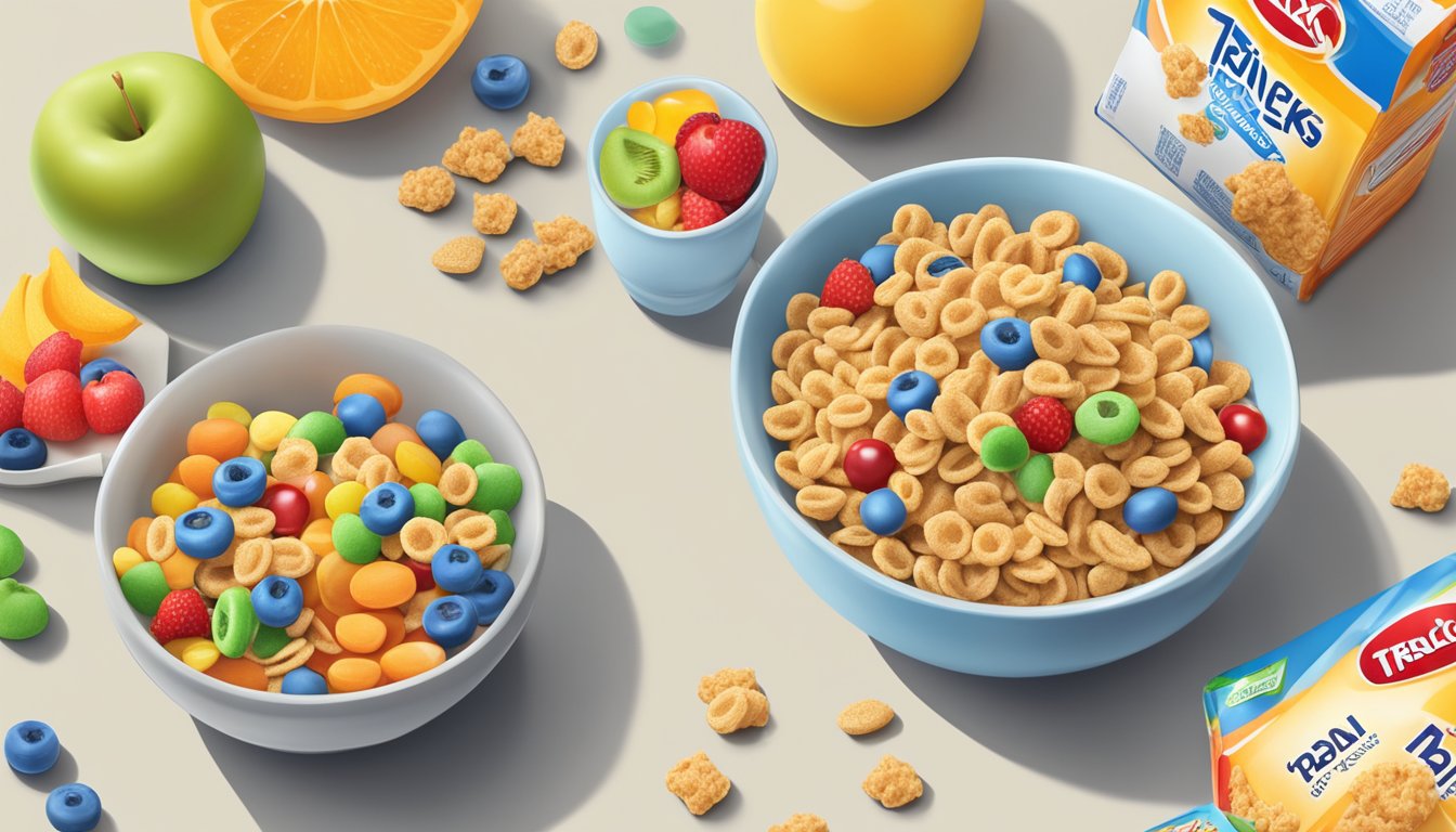 A bowl of Honey Smacks and a bowl of Trix cereal surrounded by various fruits and a glass of milk, with a nutritional label in the background