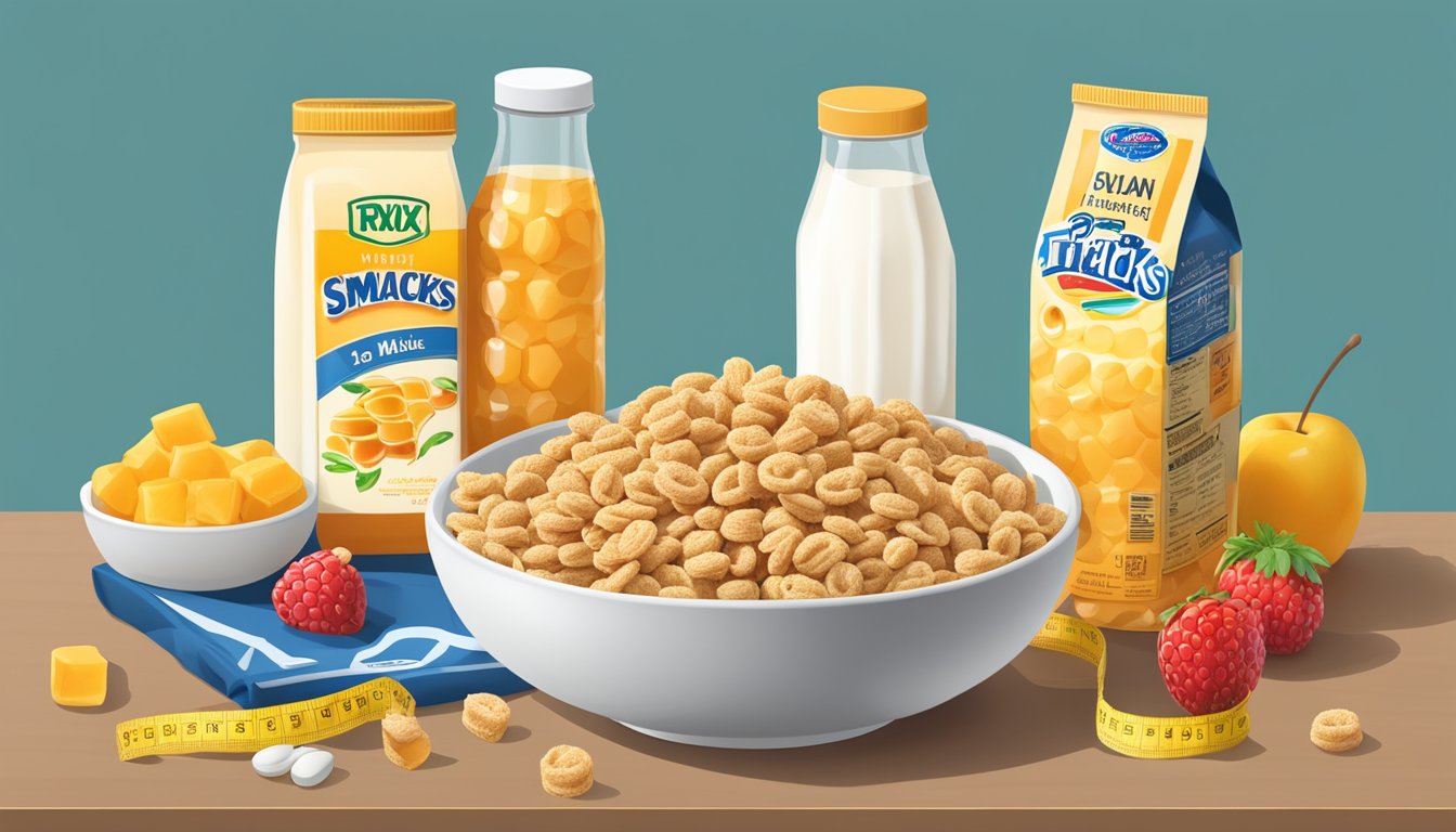 A bowl of Honey Smacks and a bowl of Trix surrounded by fresh fruit and a glass of milk, with a measuring tape and nutrition labels nearby