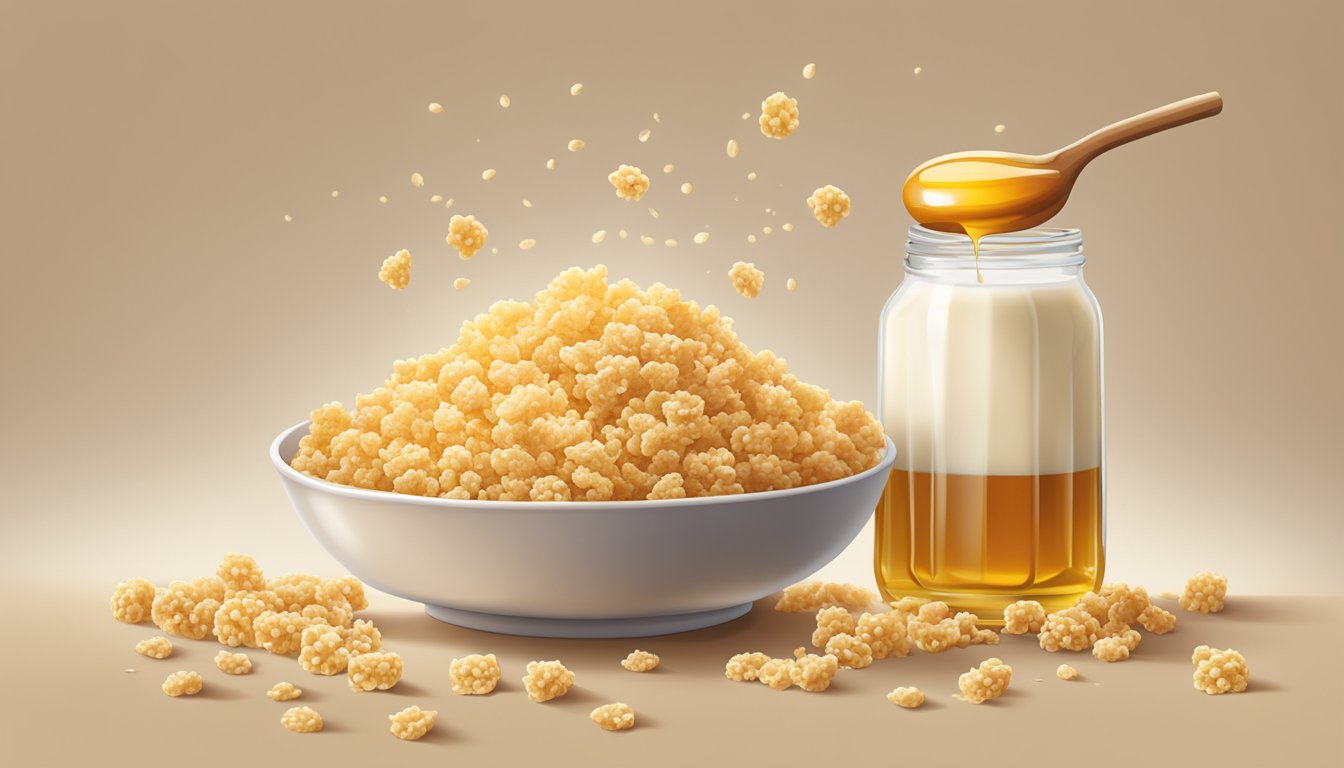 A bowl of honey ohs and rice krispies side by side, surrounded by scattered grains and a splash of milk