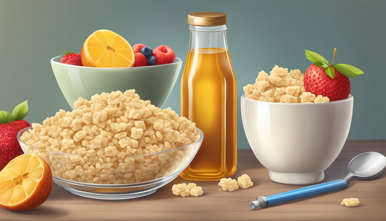 A bowl of honey ohs and rice krispies surrounded by fresh fruit and a glass of milk, with a measuring tape and a nutrition label in the background