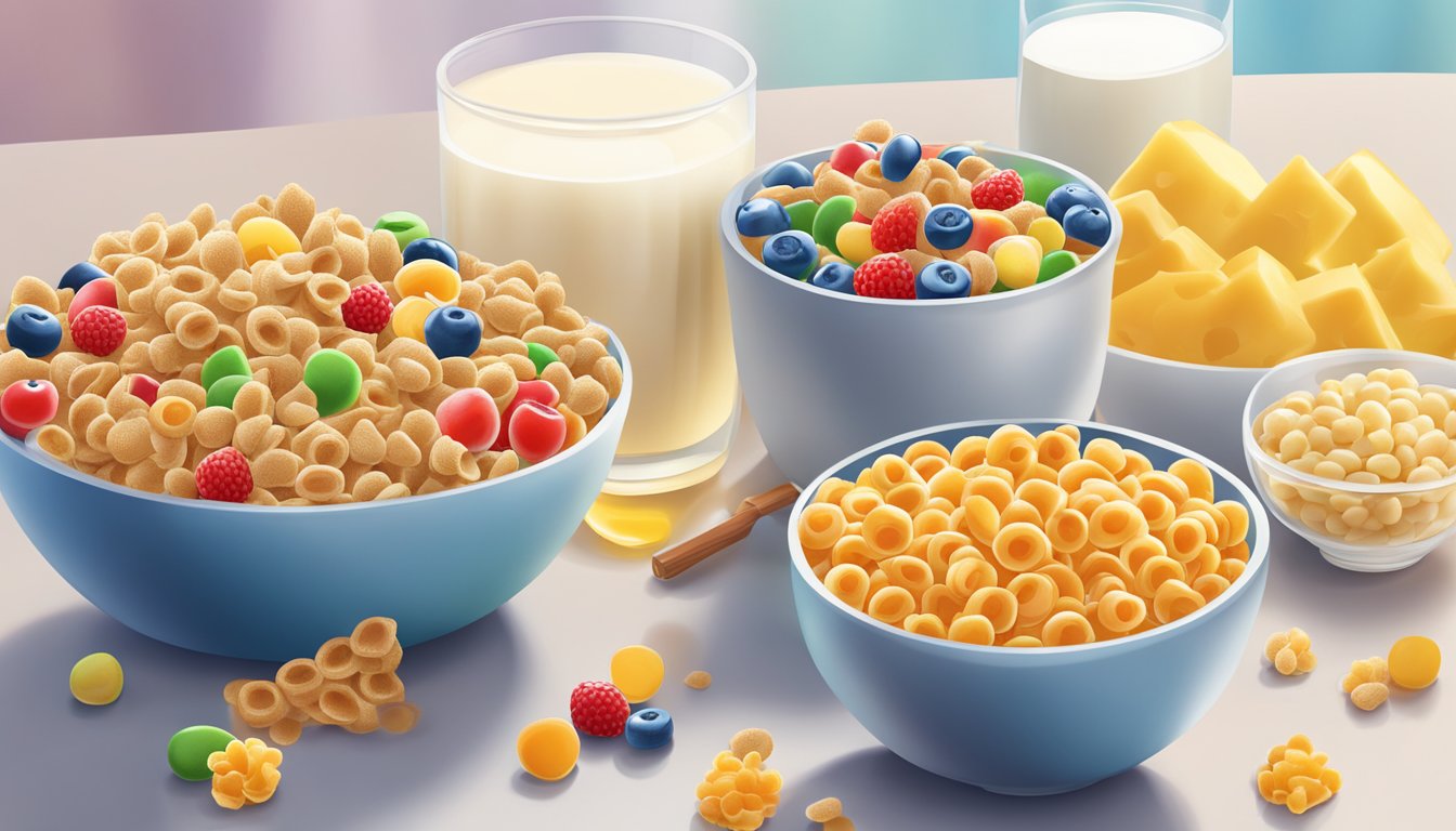 A bowl of Honey Smacks and Trix cereal next to each other, surrounded by fresh fruits and a glass of milk