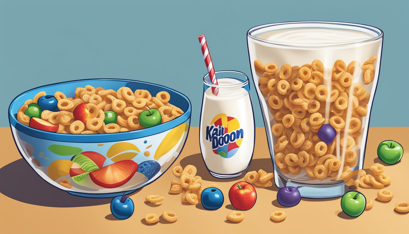 A bowl of Kaboom cereal next to a bowl of Apple Jacks, surrounded by various fruits and a glass of milk