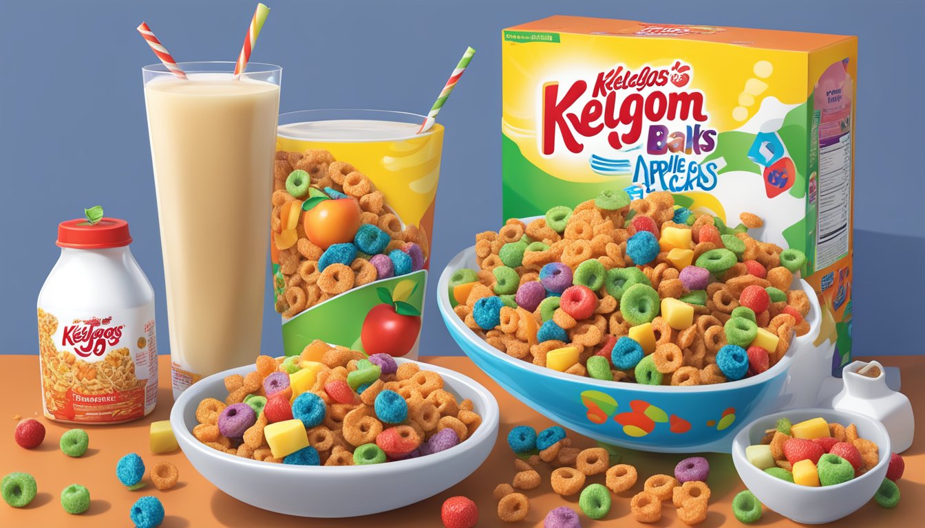 A bowl of Kellogg's Apple Jacks cereal next to a bowl of Kaboom cereal, surrounded by various fruits and a glass of milk