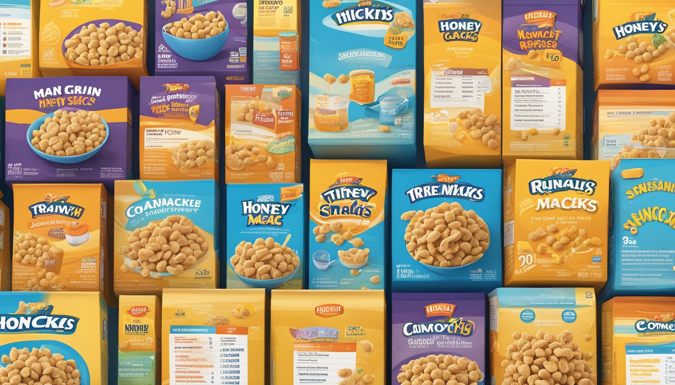 A comparison of Honey Smacks and Trix cereal boxes, surrounded by nutritional labels and market research data charts