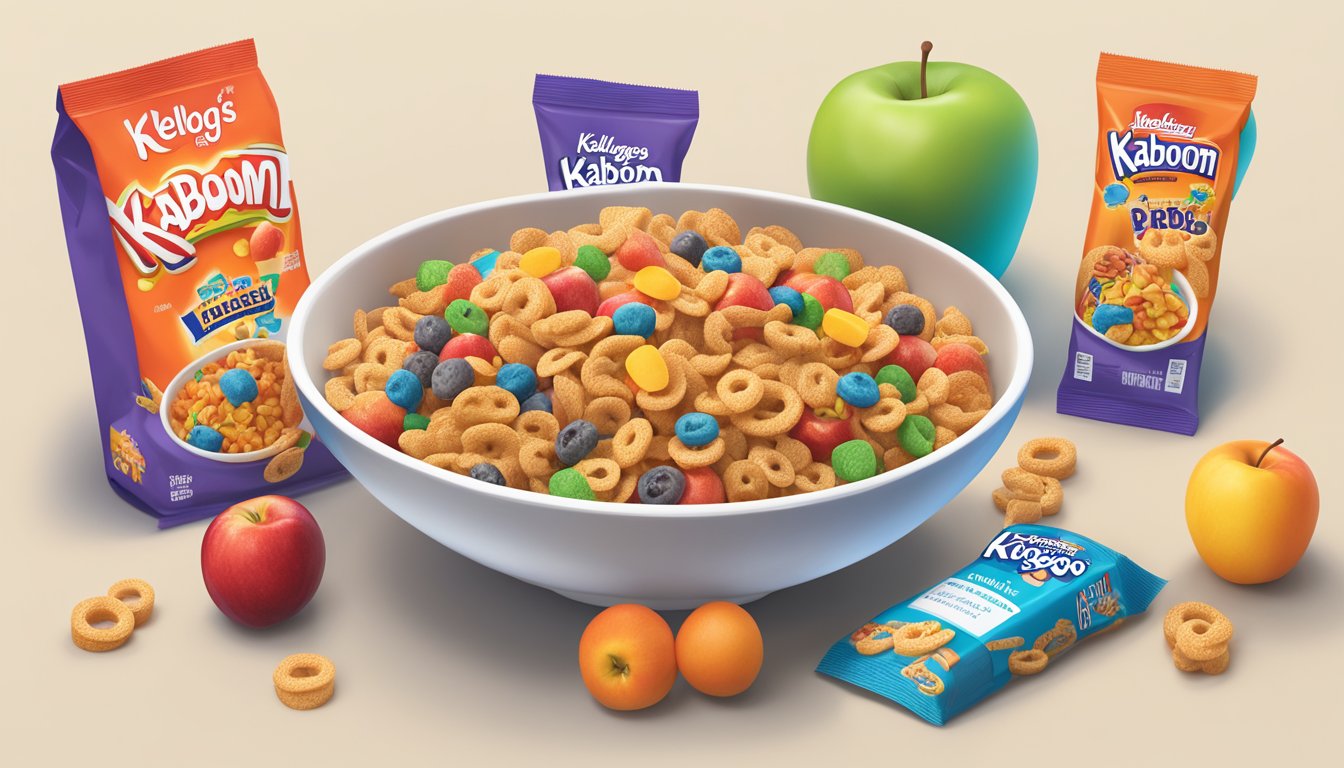 A bowl of Kaboom cereal next to a bowl of Kellogg's Apple Jacks, surrounded by various fruits and a nutrition label