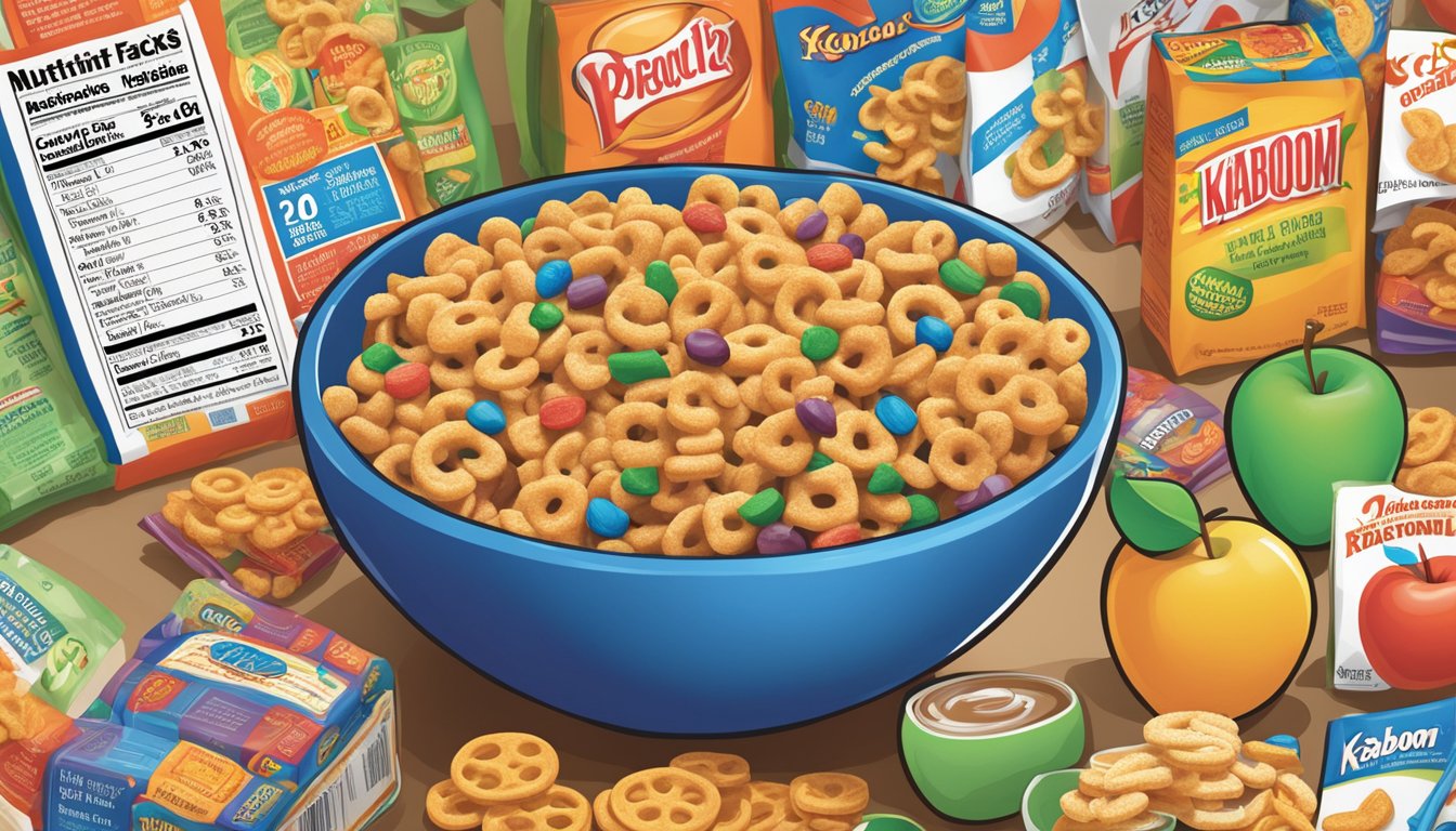 A bowl of Kaboom and Apple Jacks side by side, surrounded by various food labels and nutrition facts