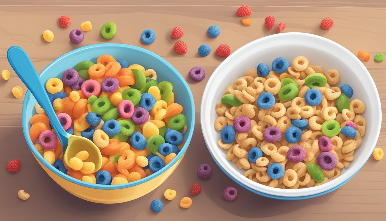 A bowl of Kaboom cereal and a bowl of Kellogg's Froot Loops side by side, surrounded by various fruits and a nutrition label