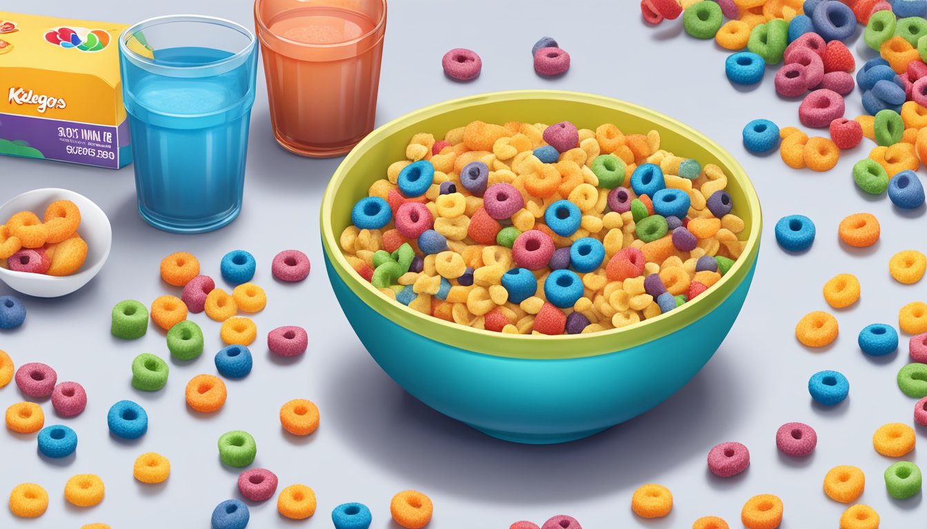 A bowl of Kaboom cereal next to a bowl of Kellogg's Froot Loops, surrounded by various fruits and a nutrition label