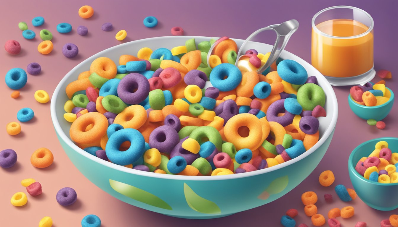 A colorful bowl of Kaboom and Froot Loops with nutrition labels and scattered ingredients, with a magnifying glass analyzing the contents